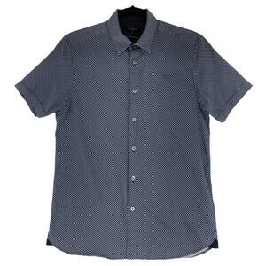 Ted Baker Shirt Mens M Navy Geometric Short Sleeve Button Up Cotton Stretch